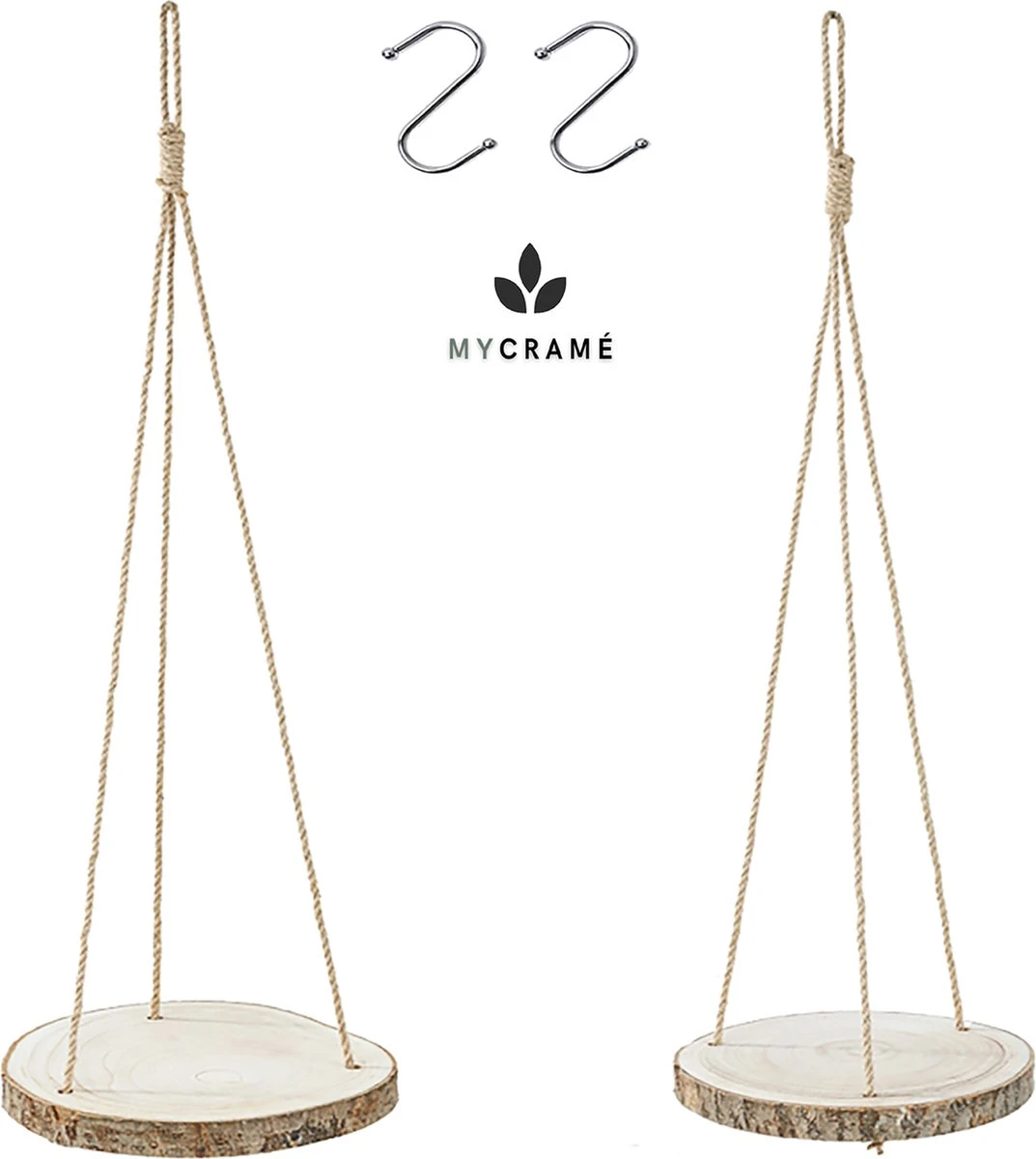 Set Van 2 Boomstam Rond Wandrek Plantenhangers - Boho Jute Houten Plantenrek - Hangpot Voor Binnen/Buiten - Hangende Bloempot Plank - Hangplant Houder - Bohemian Macrame Stijl Wandhanger - Hangplank Plant Hanger - Planthanger - Ø Rond 25-20cm - Afbeelding 5