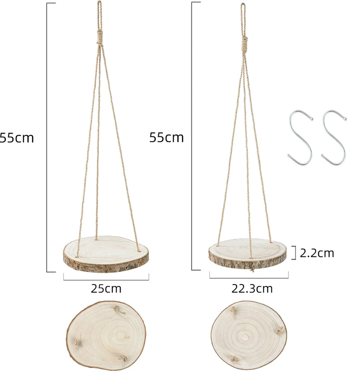 Set Van 2 Boomstam Rond Wandrek Plantenhangers - Boho Jute Houten Plantenrek - Hangpot Voor Binnen/Buiten - Hangende Bloempot Plank - Hangplant Houder - Bohemian Macrame Stijl Wandhanger - Hangplank Plant Hanger - Planthanger - Ø Rond 25-20cm - Afbeelding 8