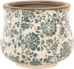 Clayre & Eef Bloempot Ø 15x13 Cm Beige Groen Keramiek Rond Bloemen Bloempot Binnen Plantenpot Plant Pot