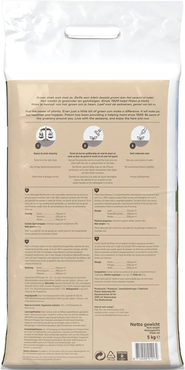 Pokon Gedroogde Mestkorrel - 5kg - Meststof - Geschikt Voor 10m2 Tot 40m2 - Afbeelding 4