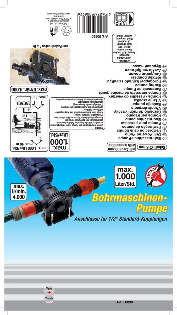Water Boorpomp 1000 L/uur | Huis - Tuin - Boot Pomp Voor (Accu)boormachine - Afbeelding 2