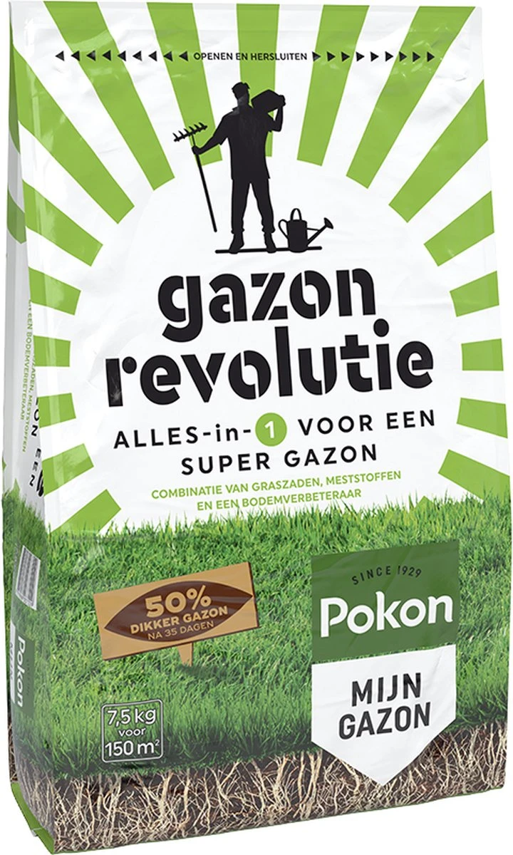 Pokon Gazon Revolutie - 7,5kg - Gazonmest / Graszaad / Bodemverbeteraar - Geschikt Voor 150m² - Binnen 15 Dagen Resultaat