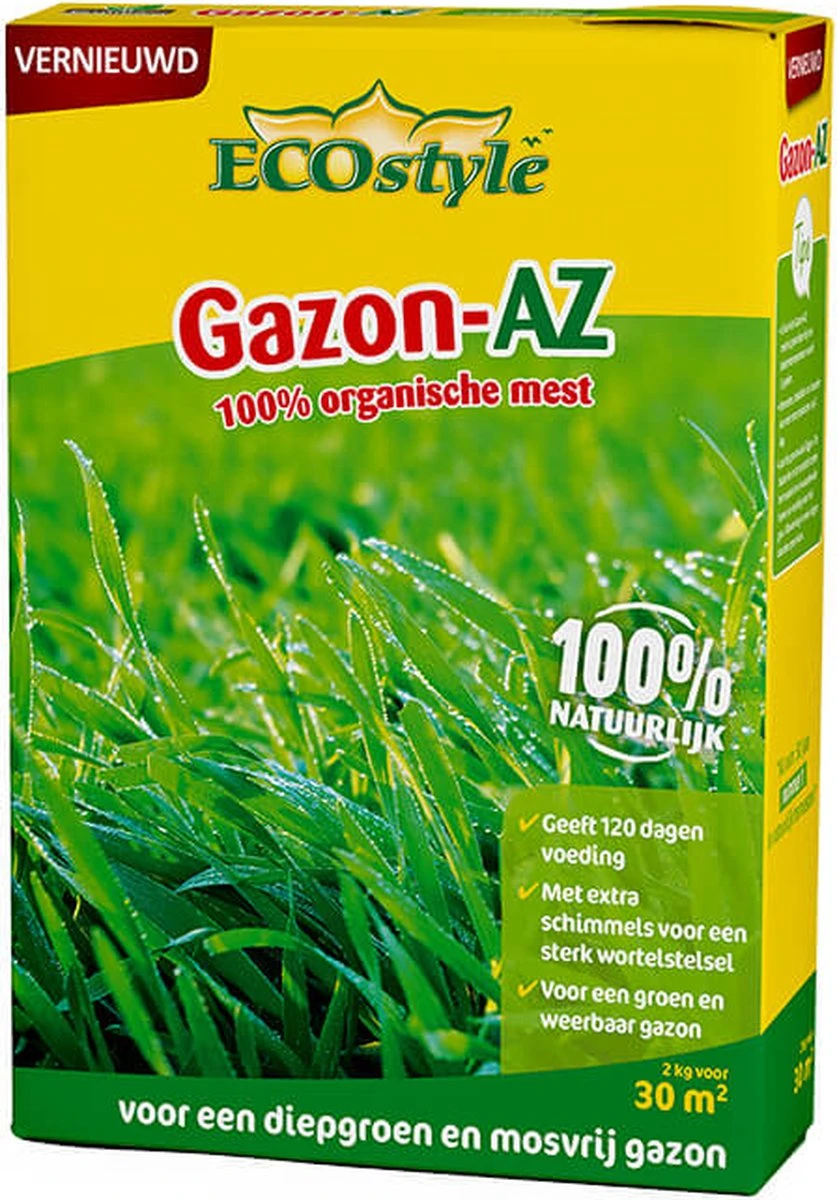 ECOstyle Gazon AZ Organische Gazonmest – Voor Diepgroen En Sterk Gazon – Geeft Tot 120 Dagen Voeding – Werkt Tegen Mos - 30 M² - 2 KG